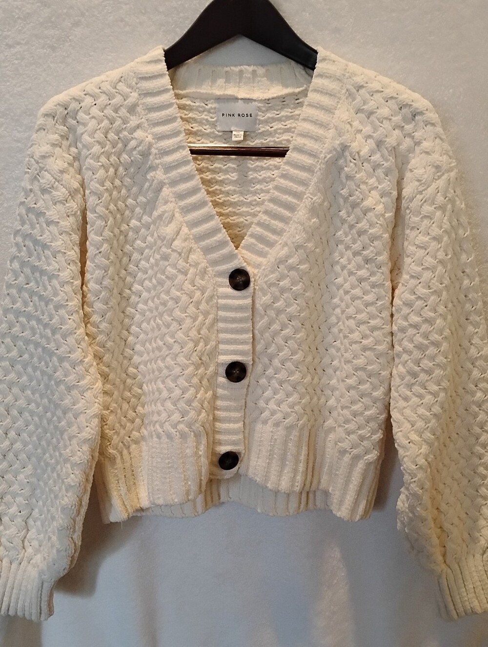 PINK ROSE Cream Cable Knit Cardigan with Dark Buttons